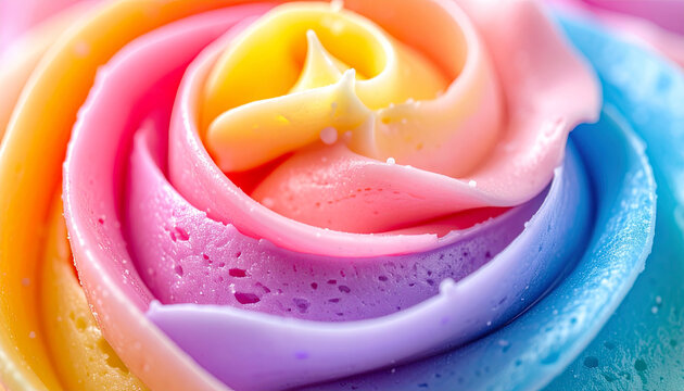 Close up of rainbow swirl frosting on a cake