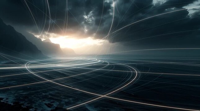 Surreal photorealistic landscape where invisible gravitational forces appear as glowing geometric lines gently curving mountains, oceans and clouds, visualizing the hidden forces shaping the natural w
