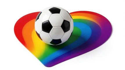 Fototapeta premium Classic black, white soccer ball rests on colorful rainbow heart shape. Conceptual image represents pride, diversity, inclusion in sports. Perfect symbol for equality, teamwork, community support