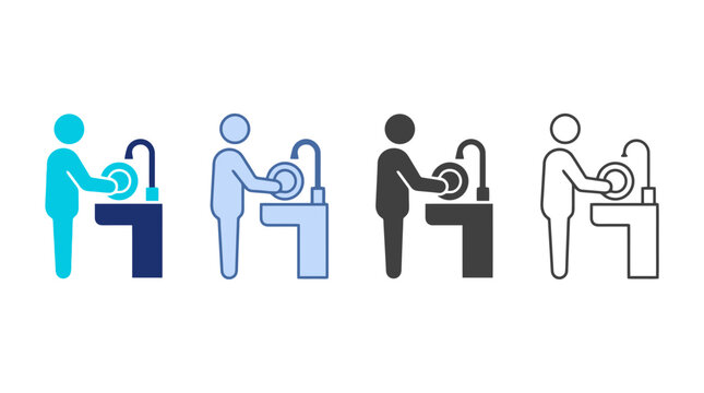 Person Washing Dishes at Kitchen Sink Icon Set Vector for Housekeeping Guides, Cleaning Services & Home Maintenance Manuals (EPS)