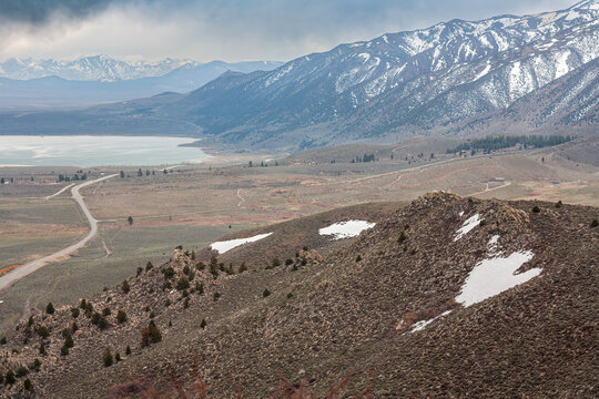 Beautiful wide panoramic view of Mono Lake and mountains from Conway Summit