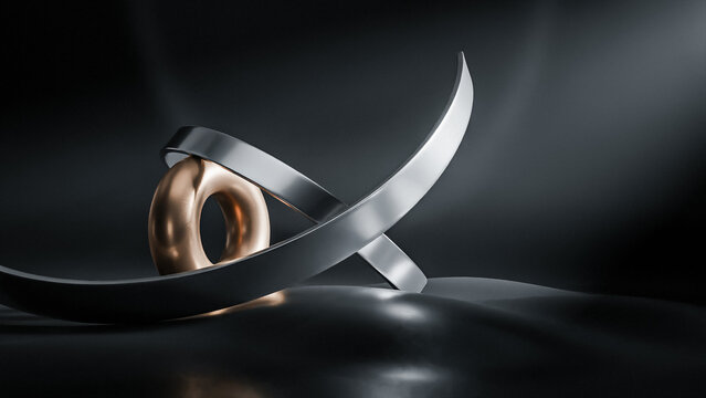 Modern abstract metal sculpture featuring curved silver and copper ring design on reflective surface