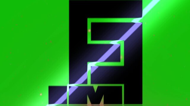 Monogram logo graphic design rendered with dark geometric typography against a bright green screen background with diagonal light beam.