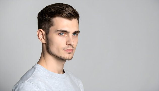 Man wearing light grey henley posing creating calm and modern tech gadget portrait photography generative AI