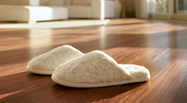 A pair of comfy white home slippers positioned on a gleaming hardwood floor in a sunlit minimalist living room creates a scene of