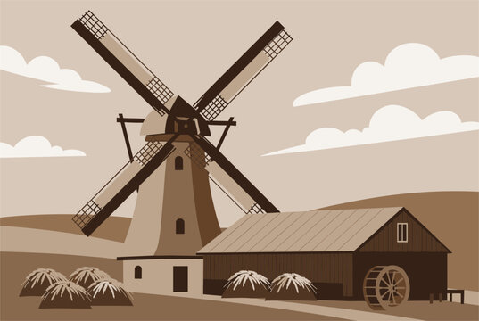 Charming rustic rural landscape featuring a classic old windmill and a watermill barn in warm brown sepia tones.