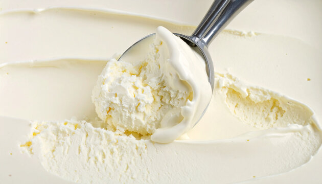 Close-up of vanilla ice cream being scooped with a metal spoon