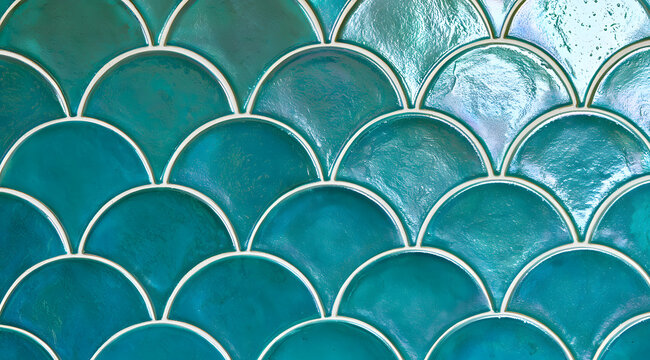 Turquoise fish-scale mosaic tiles create a stunning bathroom accent wall