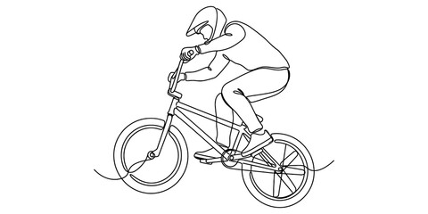 Fototapeta premium Continuous one line drawing of a person riding a bmx bike with a helmet