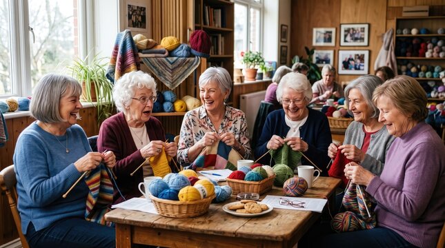 A happy group of senior women enjoying a knitting circle together in a cozy indoor community center room with colorful yarn and tea