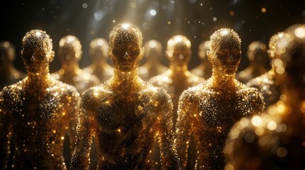 Plakat Golden figures composed of shimmering particles gather in dark space. Light sparkles around abstract human forms, creating sense of community, digital art. Composition suggests unity, glowing energy.