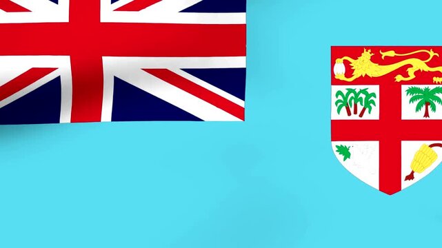 Waving national flag of Fiji with clear blue background and coat of arms displayed prominently