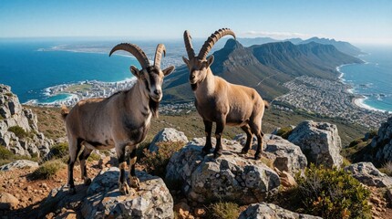 Fototapeta premium Two wild horned goats stand on rocky mountain peak. Look over scenic coastal city, blue ocean. Beautiful landscape view with mountains, sea under clear sky. Majestic wildlife in natural habitat