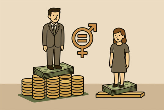 Conceptual illustration of the gender wage gap depicting a man and a woman standing on unequal stacks of money.