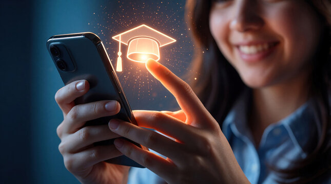 Smiling young woman uses smartphone to access online education. Glowing graduation cap icon appears on screen as touches mobile device. Digital learning concept for student studying college courses