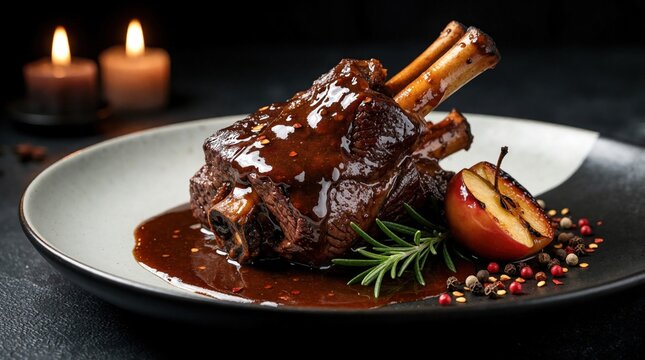 Gourmet beef shank with rich glaze served with roasted apple and rosemary. Dark background with lit candles sets elegant dining atmosphere. Savory meal preparation for special occasion.