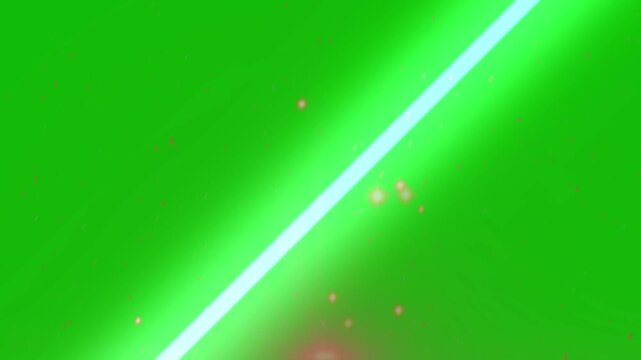 Bright neon laser beam shines diagonally across a vibrant green background, accompanied by small floating orange bokeh light particles.