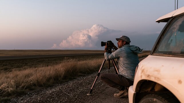 Storm chaser with a on a tripod capturing a distant supercell cloud over a rural plains road during for weather reportage