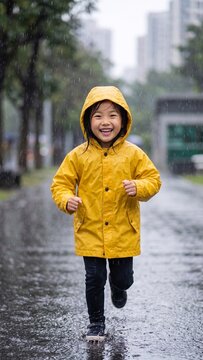 黄色いレインコートを着て雨の日の街を笑顔で走る日本人の女の子