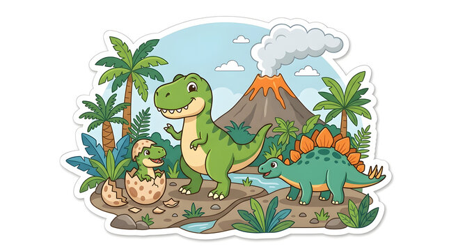Cartoon dinosaurs in tropical landscape with active volcano illustration on transparent background