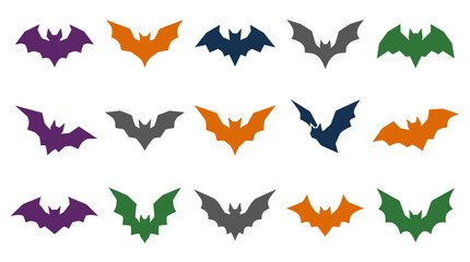Obraz premium Halloween Halloween bat collection. Colorful vector silhouettes of flying bats in orange, purple, green, blue and grey for spooky holiday design elements. isolated on White Background Halloween