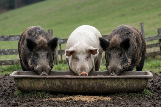 Three pigs, two wild boars and one domestic pig, eat together from a feeding trough in a muddy farmyard. They are gathered around a metal trough, heads down, eating feed from it.