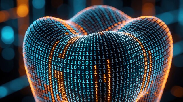3D tooth shape formed from glowing binary code. Digital dental tech, data security, encryption in healthcare. Modern diagnosis, AI treatment planning.