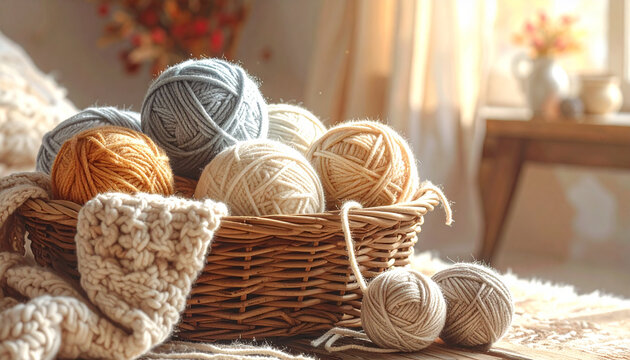 Basket of yarn balls with knitted blanket and cozy home decor