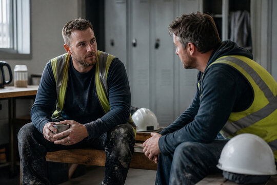 Construction workers having a supportive mental health conversation