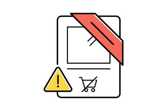 Website error vector flat illustration with broken shopping cart and warning sign for technical issues or unavailable online store.