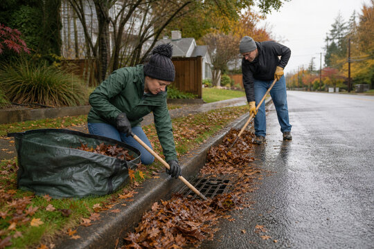 Neighbours clearing autumn leaves from a storm drain before heavy rain