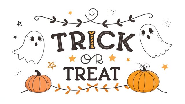 Flat vector Halloween trick or treat illustration with ghosts and pumpkins on banner