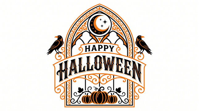 Happy Halloween gothic window design with ravens moon and pumpkins for spooky holiday ambiance.