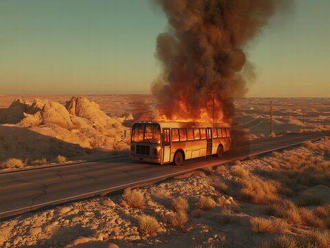 Burning bus on fire engulfed in smoke on desert highway during sunset