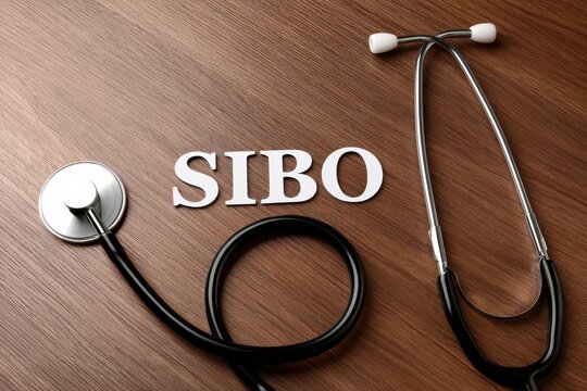 A medical stethoscope rests on a wooden table beside the acronym SIBO spelled out in white letters. This healthcare concept photo works well for gastroenterology awareness and.