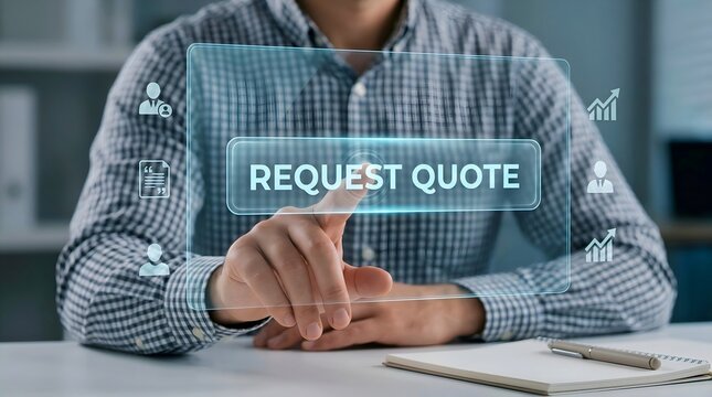 Request a Quote Concept with Business Professional Interacting with Digital Request Quote Interface for Pricing and Business Services