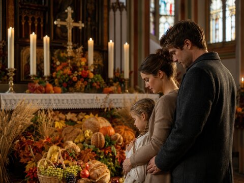 Erntedankgottesdienst in Deutschland: Eine Familie steht still vor dem festlich geschm&uuml;ckten Altar mit Brot, Obst, Gem&uuml;se, Getreide und Kerzen in einer Kirche.