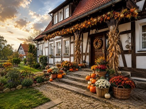 Traditionelles deutsches Fachwerkhaus zum Erntedankfest: Eingang und Garten sind festlich mit K&uuml;rbissen, Mais, Herbstblumen, Kr&auml;nzen und Erntegaben dekoriert.