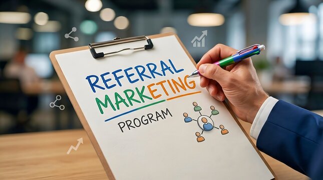 Referral Marketing Program Concept with Marketing Document, Customer Acquisition Strategy and Business Growth Illustration