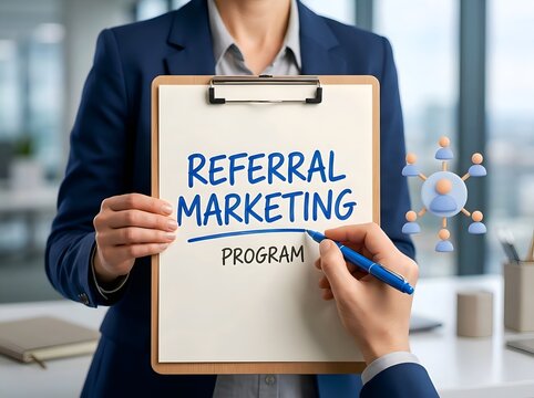 Referral Marketing Program Concept with Business Professional Holding Promotional Clipboard for Customer Acquisition and Growth