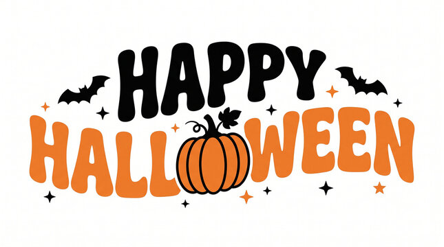 Happy Halloween groovy text with pumpkin and bats for playful festive holiday celebration.