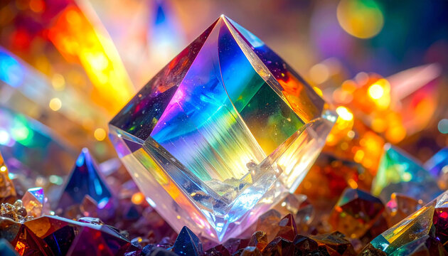 Dazzling faceted crystal prism refracting rainbow light