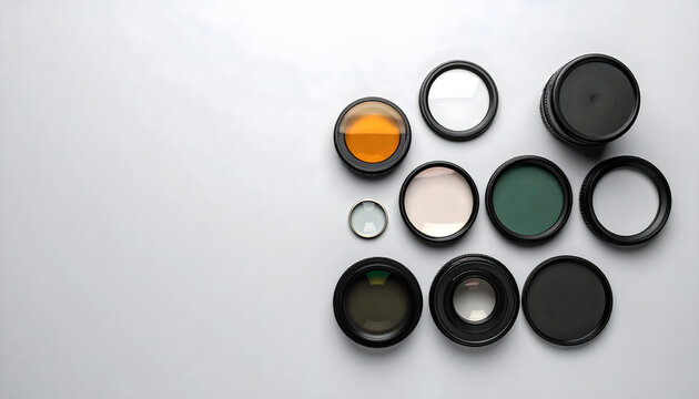 Camera filter rings and lens caps arranged on studio table with clean minimal lighting generative AI