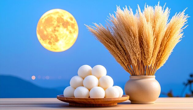 Full moon over tsukimi dango and pampas grass in a vase, autumn Japanese festival scene