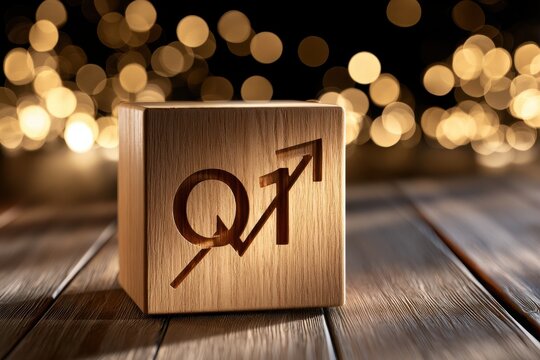 A wooden block with a QT symbol and upward arrow sits on a rustic wooden table under warm bokeh lights. Ideal for financial growth and business quarterly target presentations.