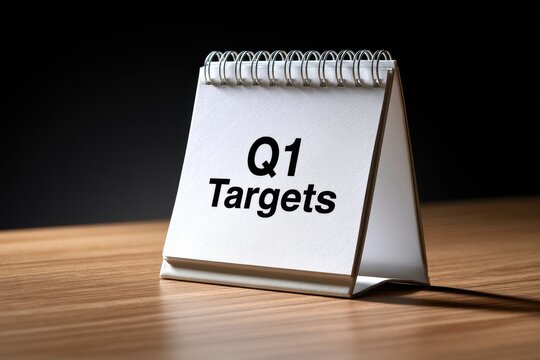 A small white desk calendar with the text Q1 Targets stands on a wooden table. Ideal for corporate business planning and goal setting presentations.