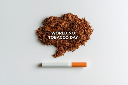 A conceptual World No Tobacco Day image features shredded tobacco leaves shaped like a speech bubble with a cigarette. It is isolated on white background.