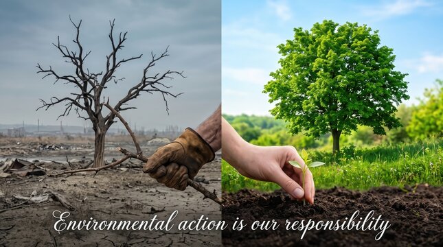 A stark contrast between a barren wasteland and a thriving landscape embodies environmental responsibility and the power of restoration