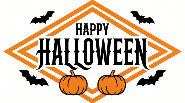 Happy Halloween message with pumpkins and bats in a diamond shape for festive greeting and party invitation.
