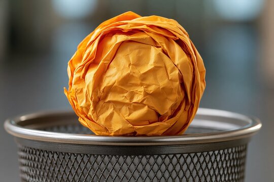 Orange crumpled paper ball in waste basket trash bin concept